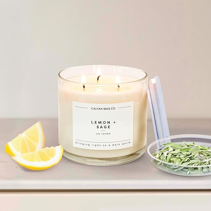 Calyan Wax Co. Lemon & Sage 3 Wick Scented Candle - 43 Hour Burn - Luxury 3 Wick Soy Candles - Non Toxic Soy Wax Candles - Long Lasting Large Glass Jar Candle for Home - 14.9oz
