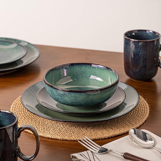 16 Piece Dinnerware Sets for 4， Scratch Resistant,microwave oven and Dishwasher Safe Plates and Bowls Sets Ceramic, Dish Set, Bowl and Plate Set -Kiln turns foggy green
