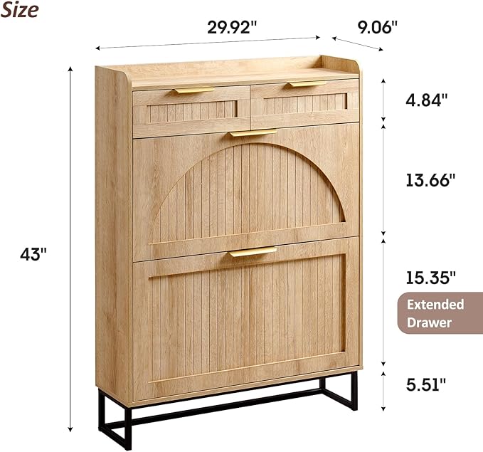 Fluted Shoe Cabinet Storage for Entryway – Narrow Shoe Rack with 2 Flip Drawers & 2 Storage Drawers, Freestanding Hidden Shoe Organizer for Foyer, Hallway (Natural)