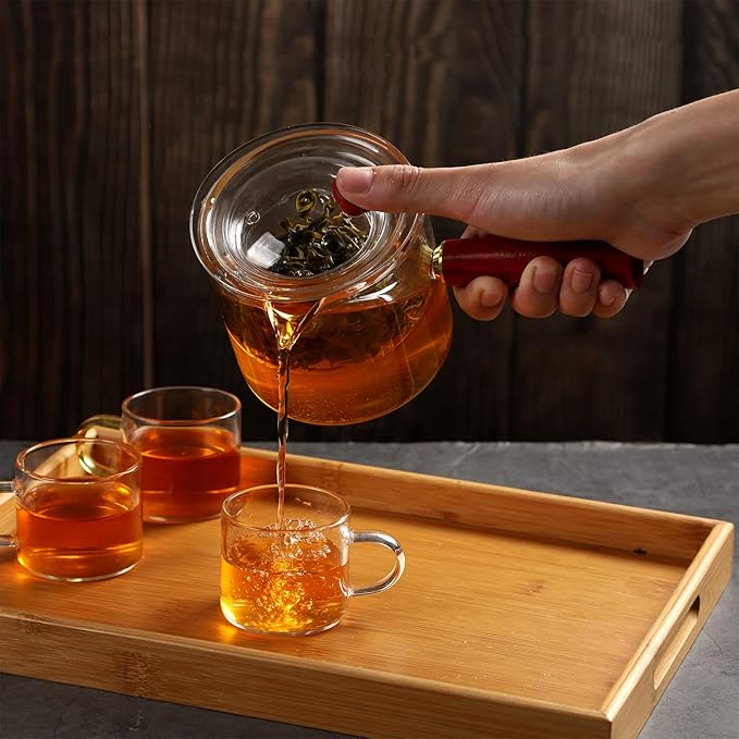 WHJY Glass Teapot With Infuser for Loose Tea, Small Magic Kettle for Stove Top, Clear Japanese Kyusu With Wooden Handle - 17 oz