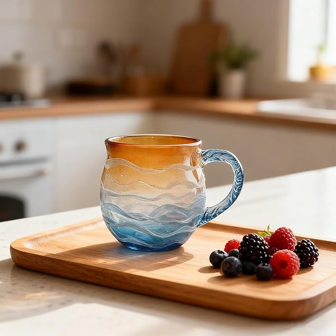 Golden Tide Mug,12 Oz/350ml Sea Glass Ocean Wave Mug,Handcrafted Oceans Frosted Wave Texture Sunset Cups with Handle,Gift for Ocean Lovers (2PCS)