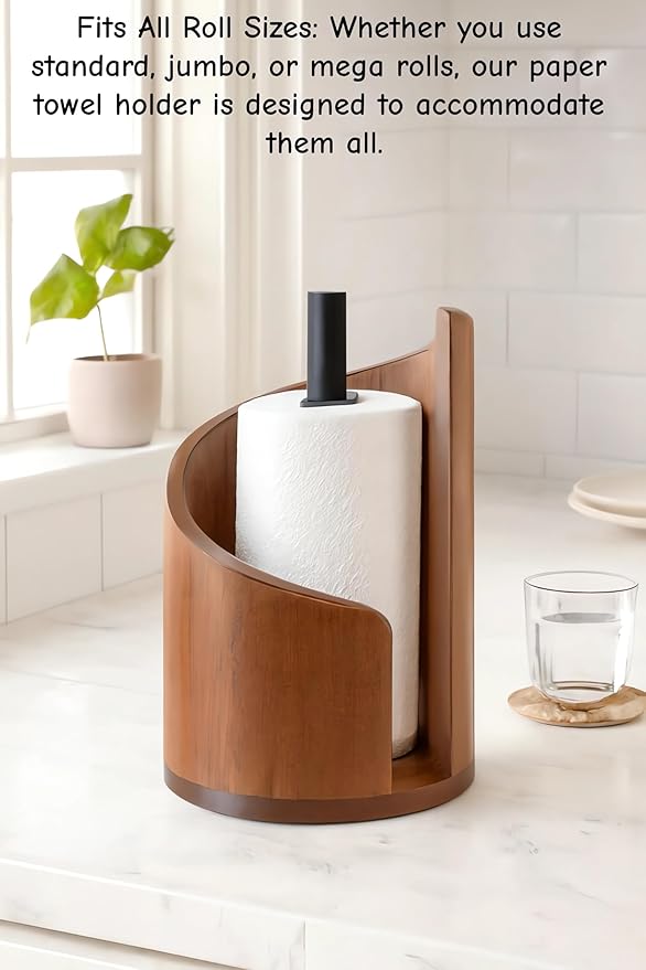 Mountain Paper Towel Holder, 2026 New Wooden Mango Wood Stand with Iron Base, One-Handed Operation, Fits Jumbo Rolls, Modern Countertop Towel Holder for Kitchen & Bathroom (Black)