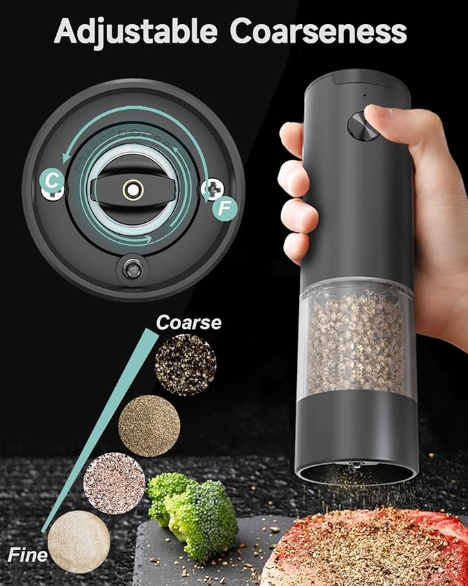 Electric Salt and Pepper Grinder Set: - Battery Powered Pepper Mill Automatic Salt Shakers Adjustable Coarseness White Light One Hand Operation Storage Base