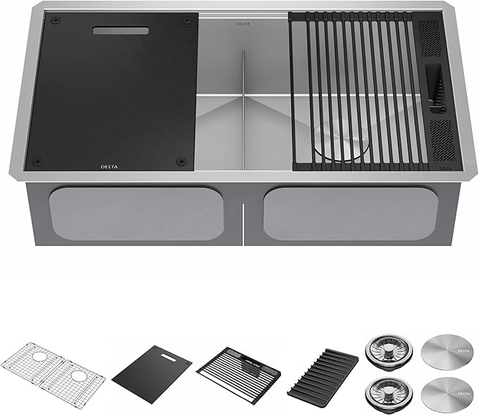 DELTA FAUCET Rivet 33-Inch Workstation Kitchen Sink Undermount 16 Gauge Stainless Steel 50/50 Double Bowl with WorkFlow Ledge and Chef’s Kit of 9 Accessories, 95B931-33D-SS