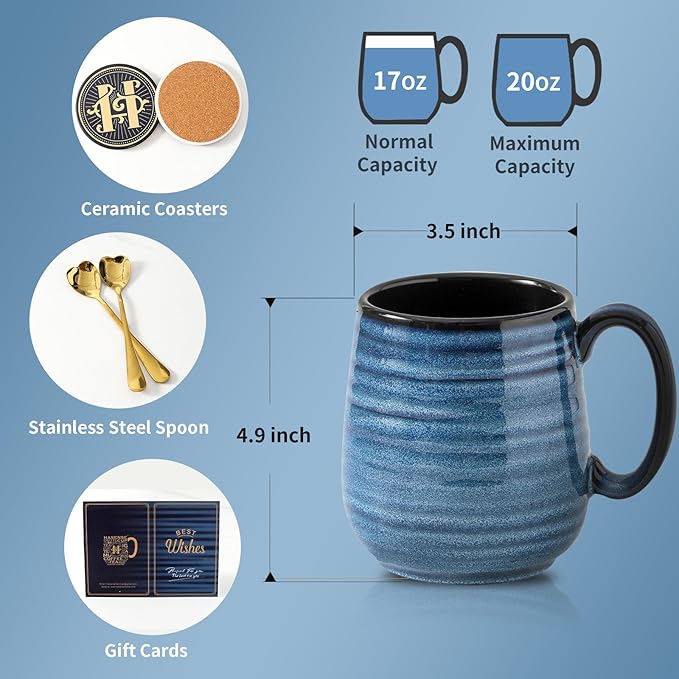 HASENSE Coffee Mugs Gift Set, 20 oz Ceramic Coffee Cups for Men and Women, Premium Large Tea Cups Gift Box with Coaster & Gold Spoon, Blue Couple Mugs for Christmas Thanksgiving