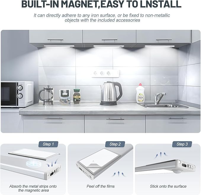 6 Pack Under Cabinet Lights Wireless, 32 LED Motion Sensor Light Indoor Rechargeable Magnetic Closet Lights Battery Operated, Under Counter Lights for Kitchen, Wardrobe, Hallway, Stairs
