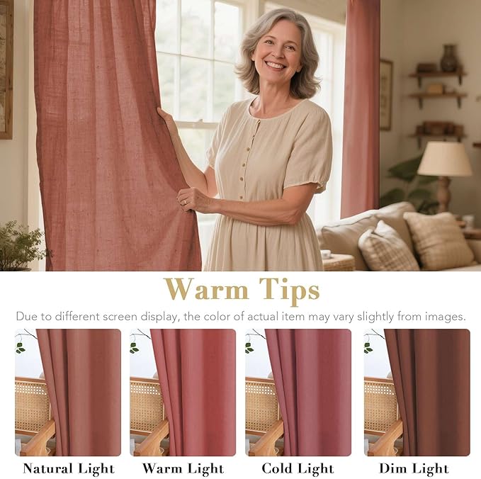 H.VERSAILTEX Living Room Linen Curtains - Semi Sheer, Nickel Grommet Energy Saving Light Filtering Window Treatments Panels for Bedroom, Rust, 2 Panels, 52 x 84 Inch