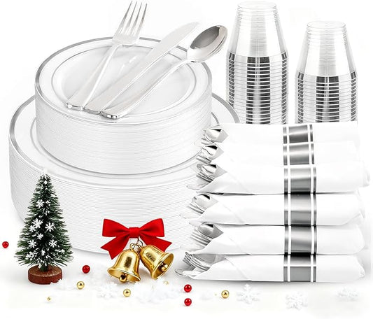175PCS Sliver Plastic Plates - Christmas Plates Disposable - White Plate with Silver Trim 25Guests Plastic Dinnerware Sets with Rolled Napkins for Wedding/Birthday/Christmas
