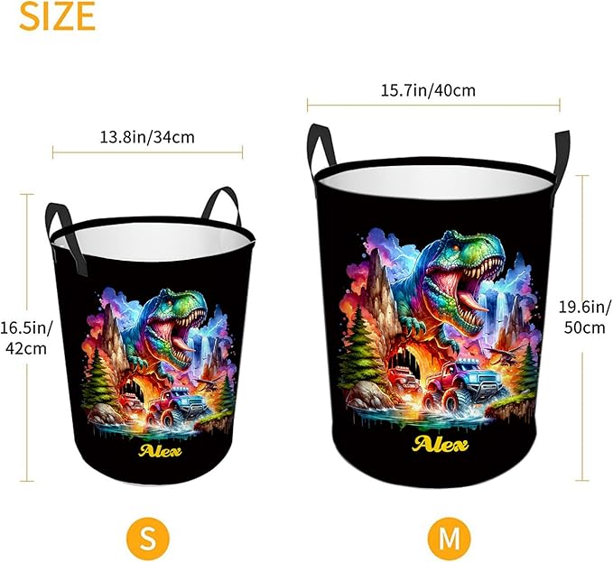 callie Personalized Dinosaur Gifts Truck Laundry Basket for Boys, Waterproof Collapsible Kids Laundry Hamper, Clothes Toys Storage Bin for Bedroom (13.8" x 16.5", 15.7" x 19.6")
