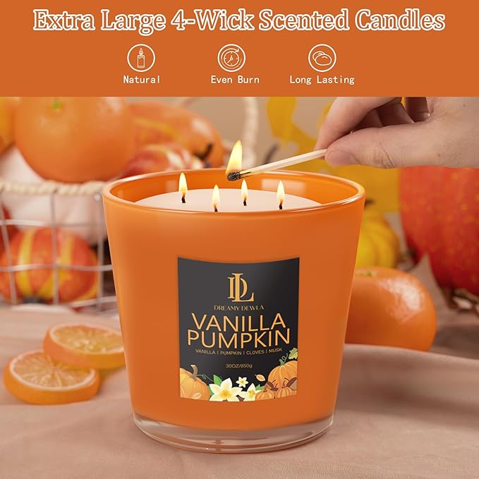 Large Fall Candle Vanilla Pumpkin Scented, 4 Wick Natural Soy Candles for Home Scented, 30oz Big Autumn Candle Long Lasting, Home Aromatherapy Candles Housewarming Gift for Women Men