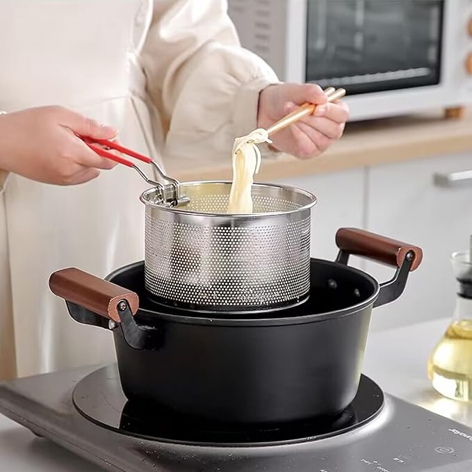 Pasta Strainer Set of 2, Stainless Steel Noodle strainer with Removable Handle Metal Pasta Strainer Basket Deep Fryer Basket, Kitchen Colander for Washing Draining Deep-frying Boiling Steaming(20cm)