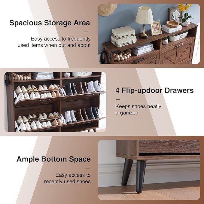 Shoe Storage Cabinet,Farmhouse Shoe Organizer with 4 Flip Drawers & Barn Door Design,Freestanding Hidden Slim Narrow Shoe Rack Cabinet with Open Shelves for Entryway,Foyer,Hallway,Walnut
