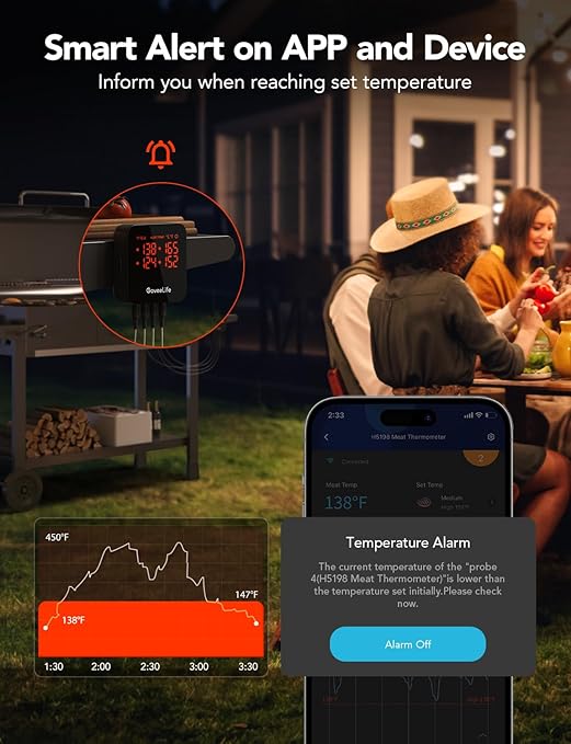 GoveeLife WiFi Meat Thermometer Digital, Smart Cooking Thermometer with 4 Probes, Wireless Bluetooth Grill Thermometer with APP Alert and Temp Curve, 40H Rechargeable BBQ Thermometer for Smoker, Oven