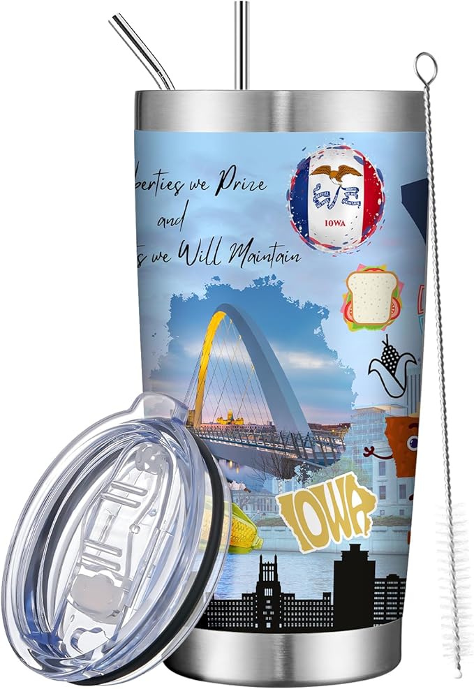 20oz Insulated Tumbler Iowa State Coffee Mug, United States Map Travel Mug Landmark, Birthday Gifts Cute Custom Tumbler Cups with Lid and Straw Mothers Day Gifts