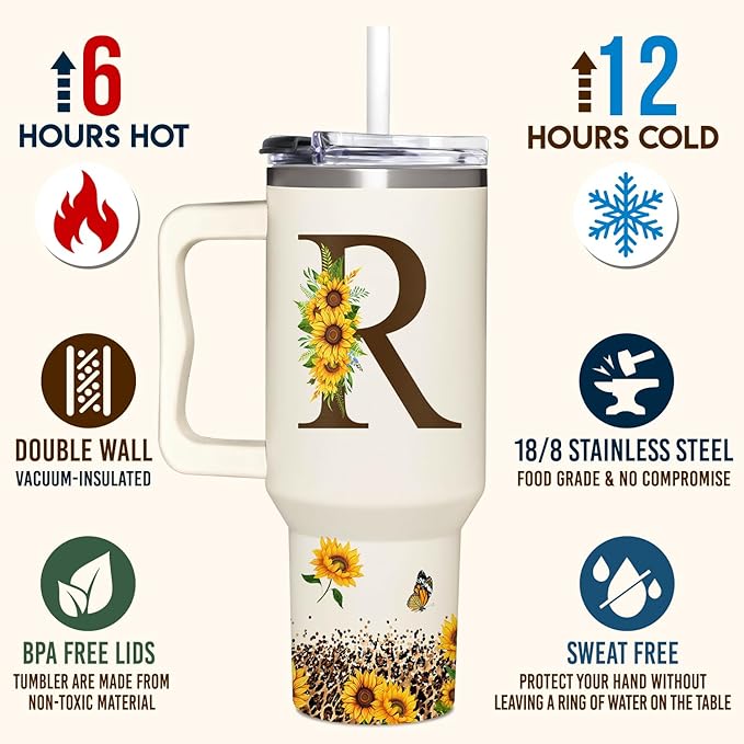 Personalized Birthday Gifts For Women - Sunflowers Monogrammed Cup For Boss Day, Christmas - Customized Gifts For Women, Mom, Wife, Coworkers, Boss Lady, Her - Custom Tumbler With Handle 40oz