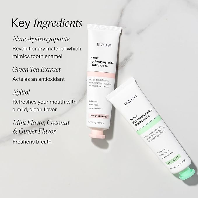 Boka Fluoride Free Toothpaste, Nano Hydroxyapatite Toothpaste, Appropriate for Sensitive Teeth - for Adult, Kids Oral Care - Ela Mint, Coco Ginger Flavor, 1.3 Fl Oz 2Pk US Manufactured