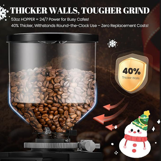 Huanyu Commercial Coffee Grinder with 74mm Flat Burr Reinforced 53oz Bean Hopper (40% Thicker), 15 Stepless Grinds, Touch Screen Black