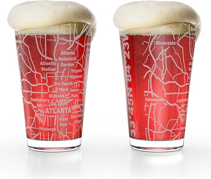 Greenline Goods – Atlanta, GA Map Pint Beer Glasses (Set of 2), 16 oz – Etched Wrap Design