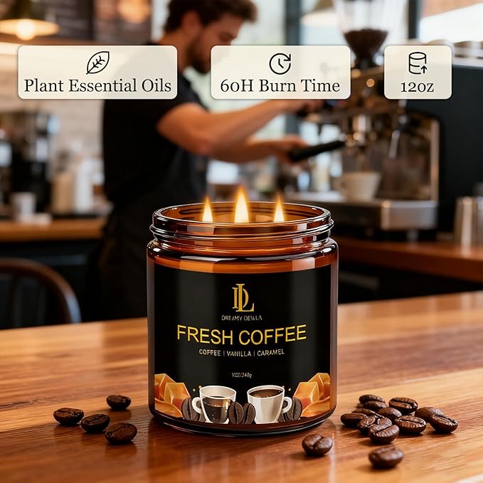 Fresh Coffee Scented Candle, 12oz 60 Hour Long Lasting Candles, Large 3 Wick Natural Soy Candles for Home Scented, Candle Gifts for Women Men