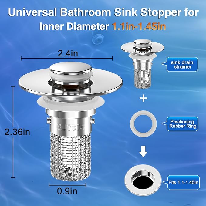 Sink Stopper Hair Catcher, Pop-up Sink Drain Strainer with Removable Stainless Steel Strainer Basket Hair Catcher, Bathroom Sink Strainer for Bathroom Sink Stopper Replacement