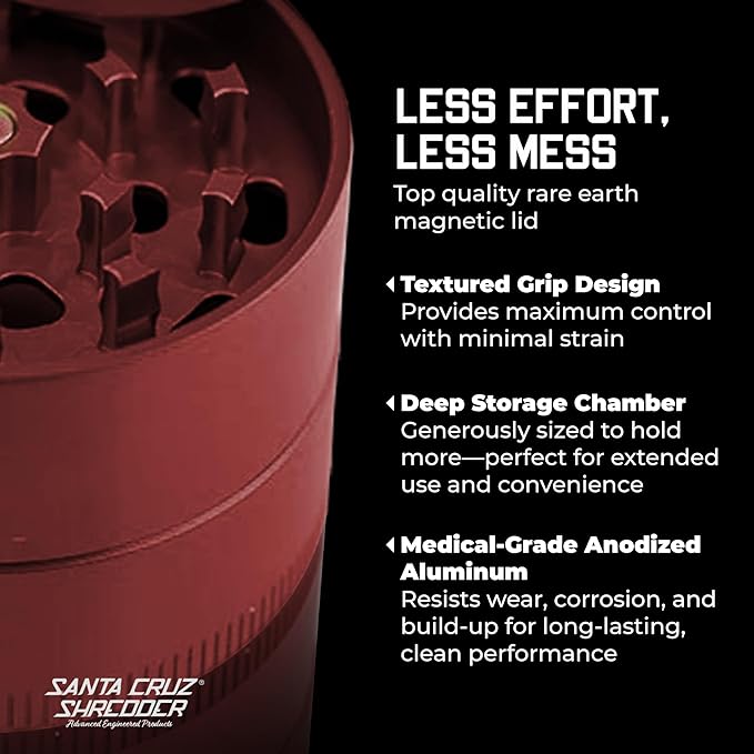 Santa Cruz Shredder Metal Spice Grinder Knurled Top for Stronger Grip 3-Piece Medium 2.2" (Red)