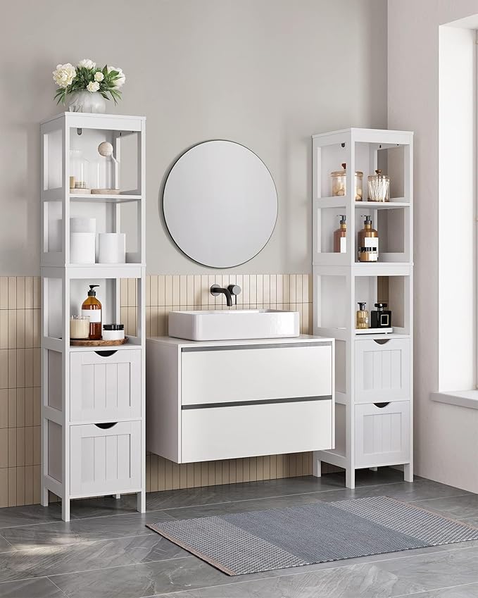 VASAGLE Storage Cabinet, Storage Organizer Rack Stand for Bathroom, Living Room, Bedroom, Multifunctional Corner Unit, 2 Drawers, 55.7 Inches in Height, White UBBC66WT