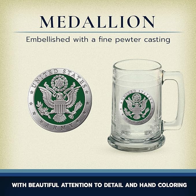 Heritage Pewter Army Beer Stein Glass | 15 Ounce German-Style Beer Glass | Intricately Crafted Metal Pewter Alma Mater Inlay