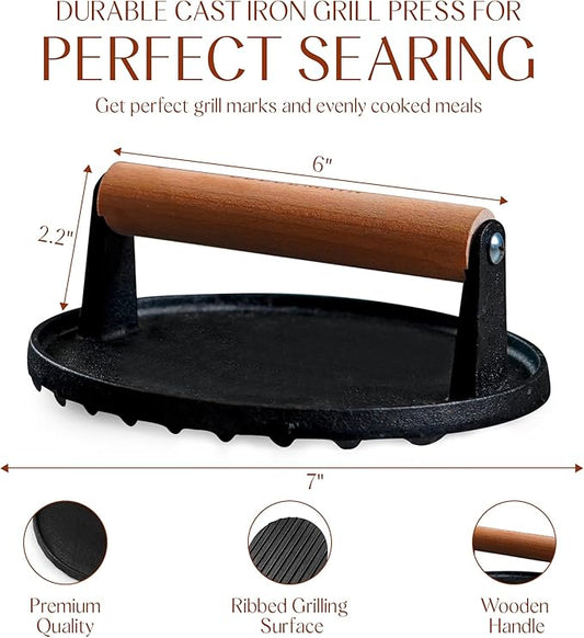 Bellemain Heavy Duty Cast Iron Smash Burger Press 7" Round Grill Press for Cooking Burgers, Bacon, Sandwiches, Steak, BBQ, Ground Beef, Meats, Sausages, and So On