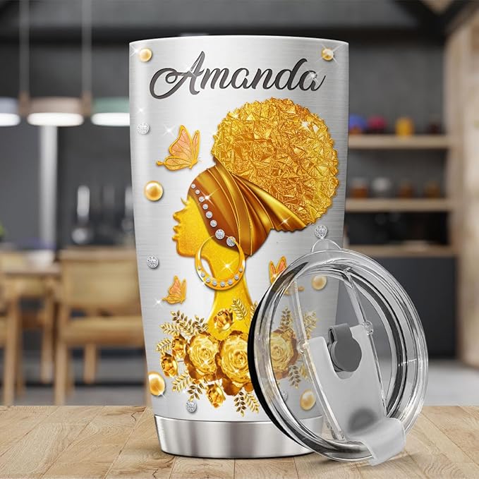 Personalized Coffee Tumbler African Travel Mug With Lid Custom Name Birthday Gifts For Adults Girls Black Women Insulated Cup Cold Steel Tumblers Inspirational Quote Jewelry Style