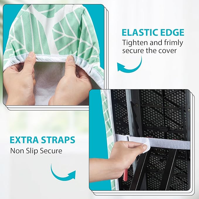 Seiritex Ironing Board Cover and Pad, Standard Size 15 x 54, Thick Padding with Elasticized Edges, Heat Reflective with Hook and Loop Fasteners, 3 Layers Iron Board Cover (Green Leaf)