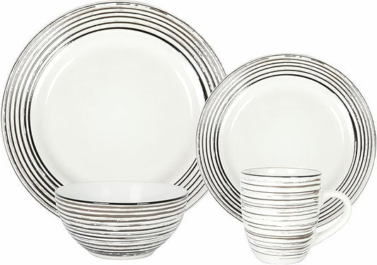 16 Piece Dinnerware Set, Ceramic Plates and Bowls Sets for 4, Microwave and Dishwasher Safe, Handcrafted Tree Bark Series Dish Set, White Birch