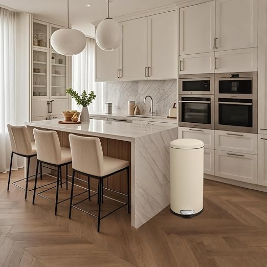 8-Gallon Trash Can, 30 Liter Stainless Steel Garbage Can, Round Trash Can with Lid, Slim Garbage can Featuring a Removable Inner Liner (Cream, 30L-Round)
