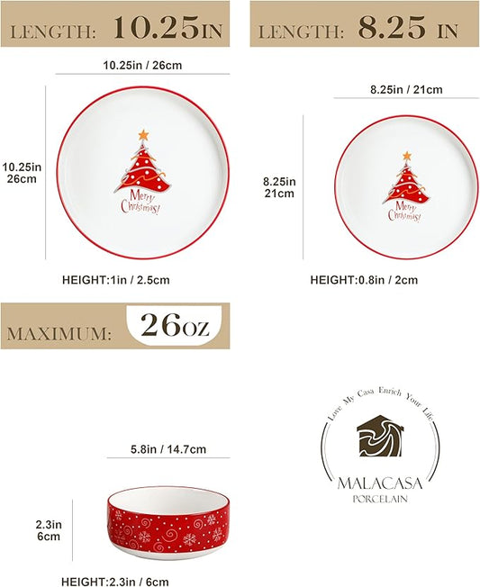 MALACASA Plates and Bowls Sets, 12 Pieces Christmas Porcelain Dinnerware Set for 4, Ceramic Dishware Dishes Kitchen Dining Ware Set, Microwave and Dishwasher Safe, Series LUNA-Christmas Tree