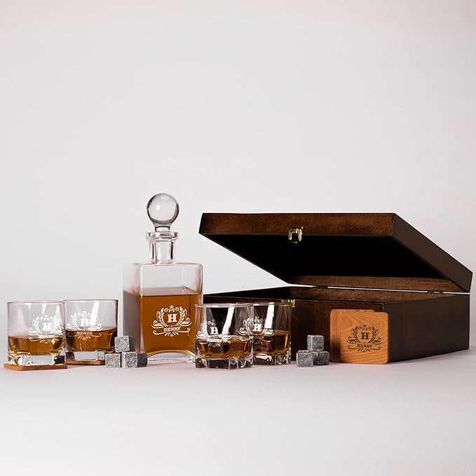 Personalized Whiskey Decanter Set with Custom Whiskey Glasses - Personalized Gifts for Men With Engraved Wooden Box and Whiskey Stones
