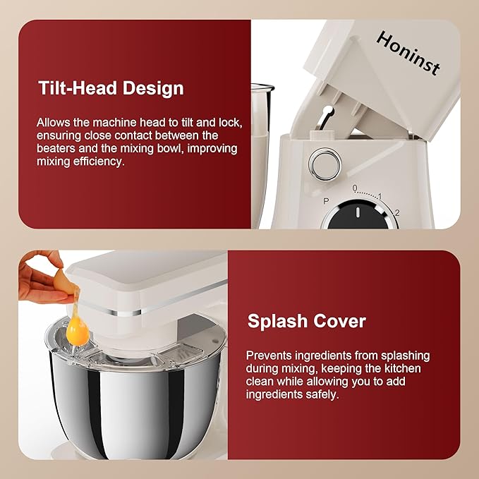 Stand Mixer, 10-Speed Kitchen Electric Mixer, 6QT Food Mixer with 8-in-1 Splash Guard, Dishwasher-Safe Dough Hook/Whisk/Beater/Spatula, Dough Mixers for Baking, Beige