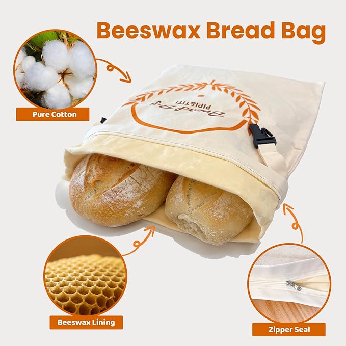 PIPI&TITI Reusable Beeswax Bread Bag for Homemade Bread (2-packs),Zippered Bread Bag for Sourdough Storage,17x12.6 inches Food Storage,Portable Cotton and Beeswax Bag,Freezer-Friendly