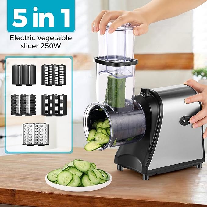 Electric Cheese Grater, 5-in-1 Vegetable Slicer & Salad Maker with Stainless Steel Blades, 250W One-Touch Electric Cheese Shredder for Block Cheese, Vegetables, Fruits and Nuts