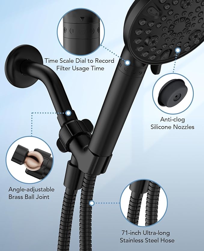 MakeFit Handheld Shower Head with Filter Matte Black - High Pressure 10 Spray Modes Filtered Shower Head with Hose, Bracket and Hard Water Shower Filters to Remove Chlorine and Heavy Metals
