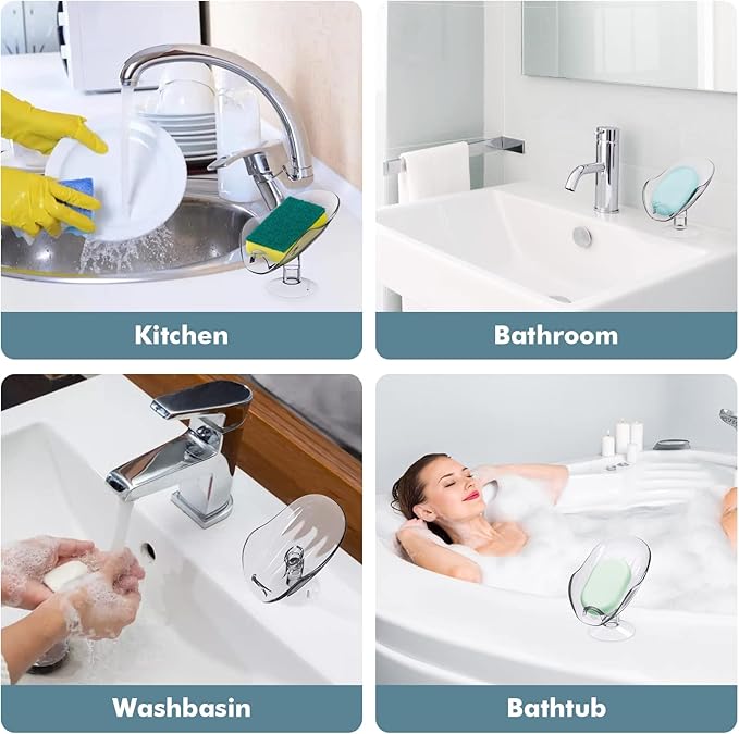 NPET Not Punched Self Draining Plastic Soap Dish Holder with Enlarged Suction Cup,Portable Soap Tray for Bathroom Shower, Kitchen Sink, Save Space and Soap (1, 1 Clear)
