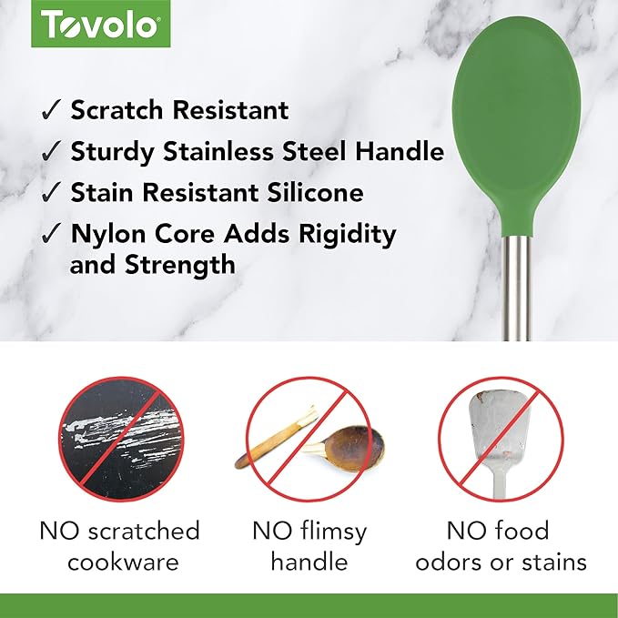 Tovolo Mixing Spoon Stainless Steel Handle Scratch Resistant Non Stick Safe Kitchen Utensil for Cooking Baking Serving Stirring, Heat Resistant Silicone Stirring Spoon with Metal Handle Pesto Green