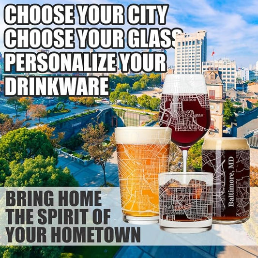 Blue Ridge Mountain Gifts - Baltimore Souvenir - Maryland Glassware Gift, Etched City Map, Laser Engraved and Dishwasher Safe