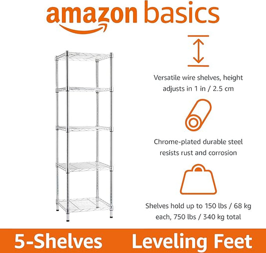 Amazon Basics 5-Shelf Tower Adjustable Storage Shelving Unit, Chrome, 16 D x 16 W x 54 H in