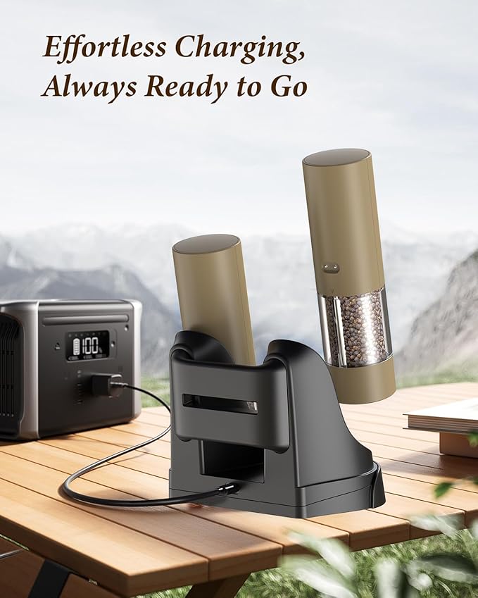 Electric Salt and Pepper Grinder Set - Automatic Refillable Salt and Pepper Grinders with Charging Base & LED Light, 6-Level Adjustable Coarseness with External Dial, Ideal Kitchen Gadget，Brown