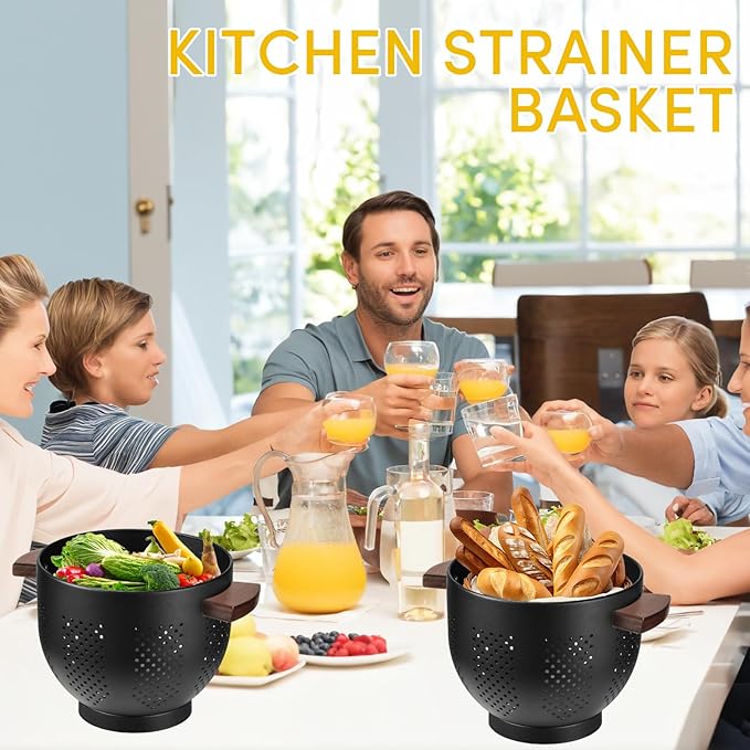 Metal Colander with Wood Handle & Self-Draining Base | 5.8QT Large Pasta Strainer for Kitchen | Scratch-Resistant Powder Coated Steel Basket for Vegetables, Fruit, Berries (Matte Black)
