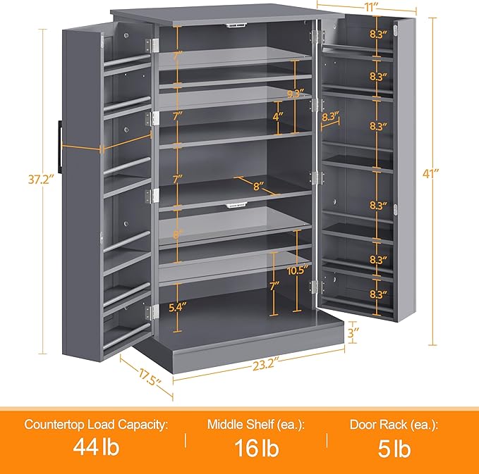 Yaheetech 41" H Kitchen Pantry Storage Cabinet with Doors & Adjustable Shelves, Freestanding Cupboard Food Cabinet for Dining Room/Living Room, Dark Gray