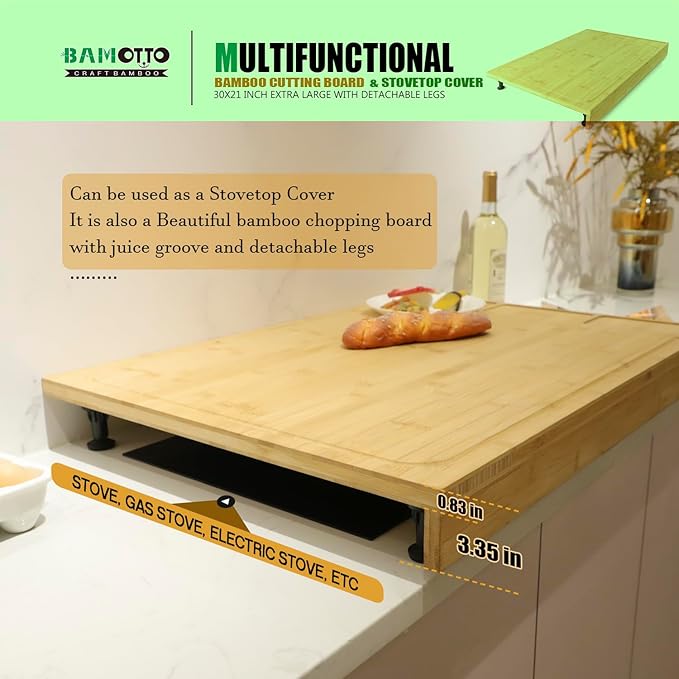 30 x 21 in Extra Large Bamboo Cutting Board and Stovetop Cover, Stove Top Cover Chopping Board with Detachable Legs and Juice Groove, Sink Cover Board, for Restaurant Kitchen Countertop
