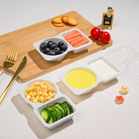 Double Compartment Snack Containers with Lids, 2 Compartment Condiment Container, Plastic Disposable Snack Pack Containers for Sauce, Salad, Food Storage Box(10PCS-White)