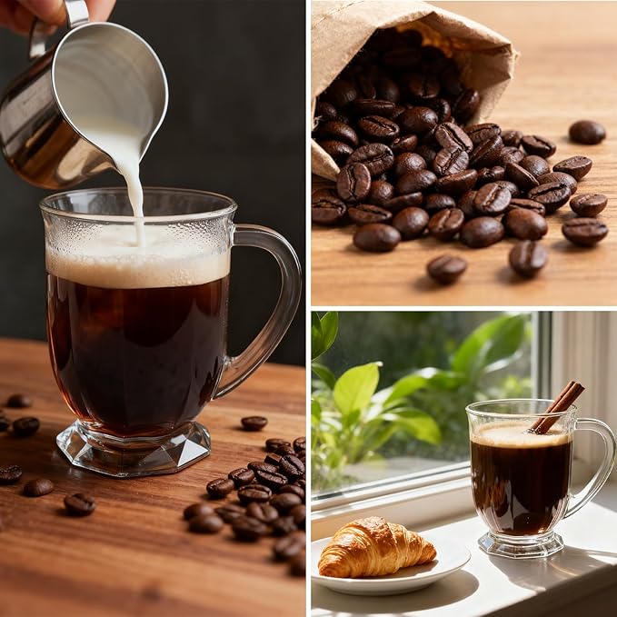 Set of 4 Clear Glass Coffee Mugs with Spoon,16 OZ Large Clear Glass Beer Cups with Handle for Hot Beverages,Tea, Cappuccino, Latte, Espresso, Juice MothersLarge