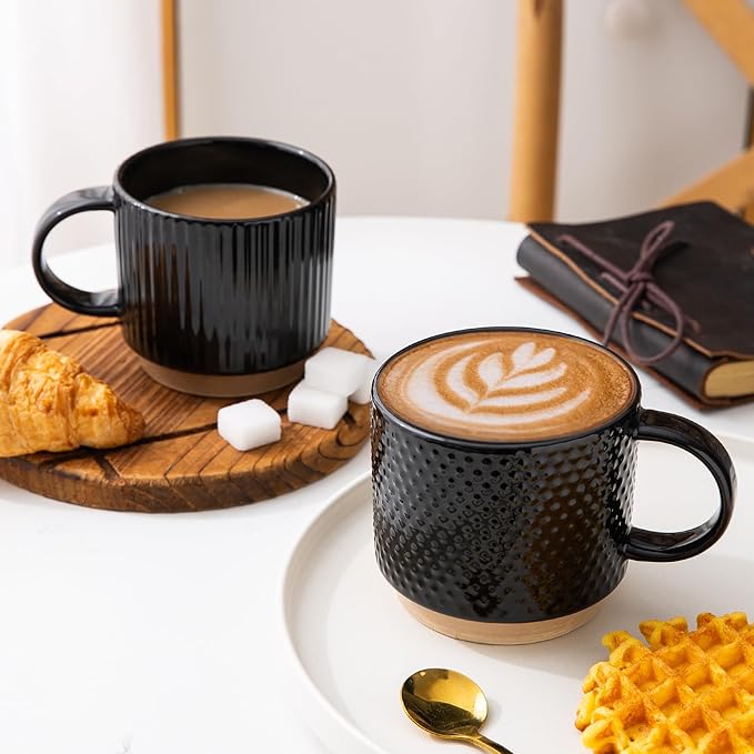 GBHOME 12OZ Stackable Coffee Mugs with Stand, Ceramic Coffee Mugs with Texture Patterns for Man,Woman,Dad,Mom, Modern Coffee Cups Set of 4 for Latte/Cappuccino/Cocoa. Dishwasher&Microwave Safe,Black