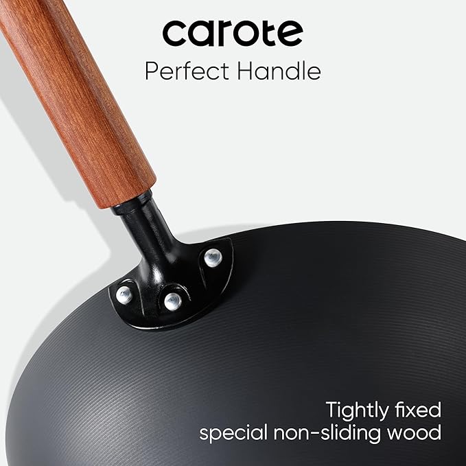 CAROTE 12.5" Carbon Steel Wok Pan, 6.5QT Woks & Stir-fry Pans, No Chemical Coated Pre-Seasoned Flat Bottom Wok with Lid for Stir Fry, BBQ, Grill & Camping, All Stovetop Compatible, Black